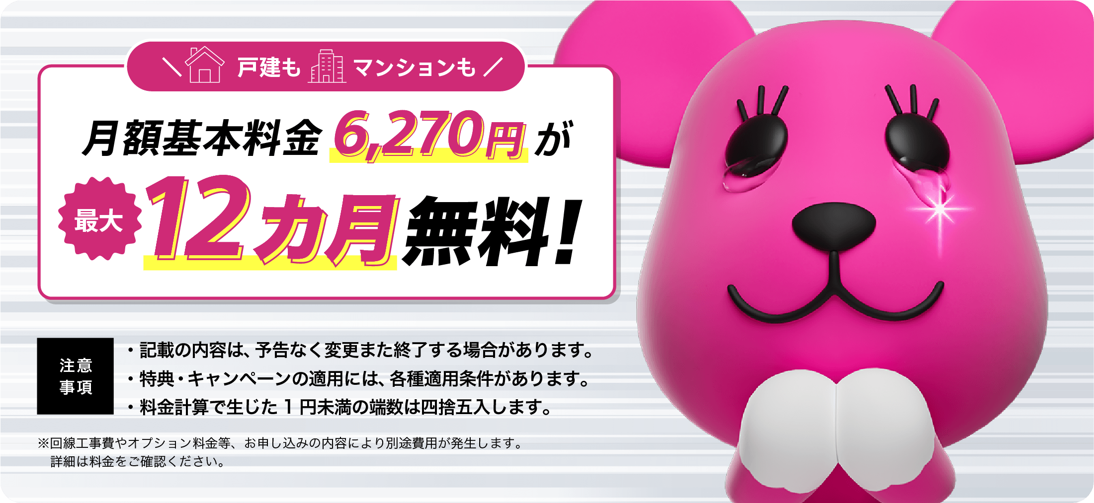 戸建もマンションも月額基本料金6,270円が最大12カ月無料!注意事項 記載の内容は、予告なく変更または終了する場合があります。特典・キャンペーンの適用には、各種適用条件があります。料金計算で生じた1円未満の端数は四捨五入します。※回線工事費やオプション料金等、お申し込みの内容により別途消費税が発生します。詳細は料金をご確認ください。