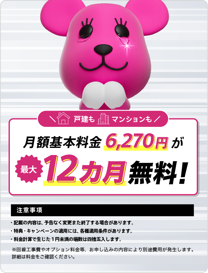 戸建もマンションも月額基本料金6,270円が最大12カ月無料!注意事項 記載の内容は、予告なく変更または終了する場合があります。特典・キャンペーンの適用には、各種適用条件があります。料金計算で生じた1円未満の端数は四捨五入します。※回線工事費やオプション料金等、お申し込みの内容により別途消費税が発生します。詳細は料金をご確認ください。