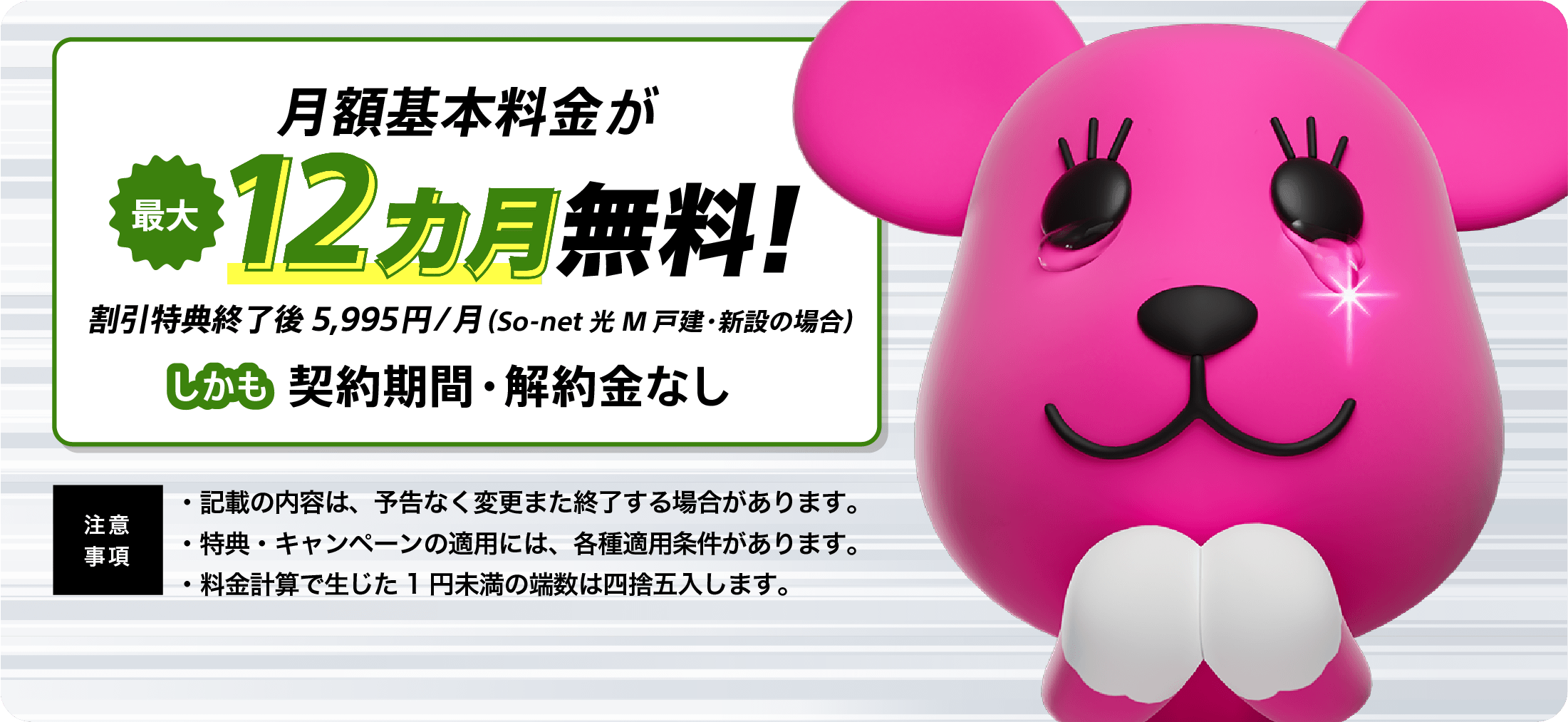 月額基本料金が最大12カ月無料！割引特典終了後5,995円/月（So-net 光 M 戸建・新設の場合）しかも契約期間・解約金なし　注意事項 記載の内容は、予告なく変更または終了する場合があります。特典・キャンペーンの適用には、各種適用条件があります。料金計算で生じた1円未満の端数は四捨五入します。※回線工事費やオプション料金等、お申し込みの内容により別途消費税が発生します。詳細は料金をご確認ください。