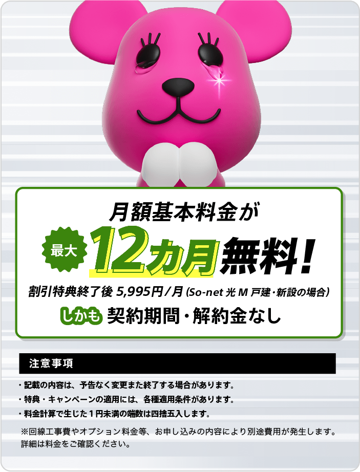 月額基本料金が最大12カ月無料！割引特典終了後5,995円/月（So-net 光 M 戸建・新設の場合）しかも契約期間・解約金なし　注意事項 記載の内容は、予告なく変更または終了する場合があります。特典・キャンペーンの適用には、各種適用条件があります。料金計算で生じた1円未満の端数は四捨五入します。※回線工事費やオプション料金等、お申し込みの内容により別途消費税が発生します。詳細は料金をご確認ください。
