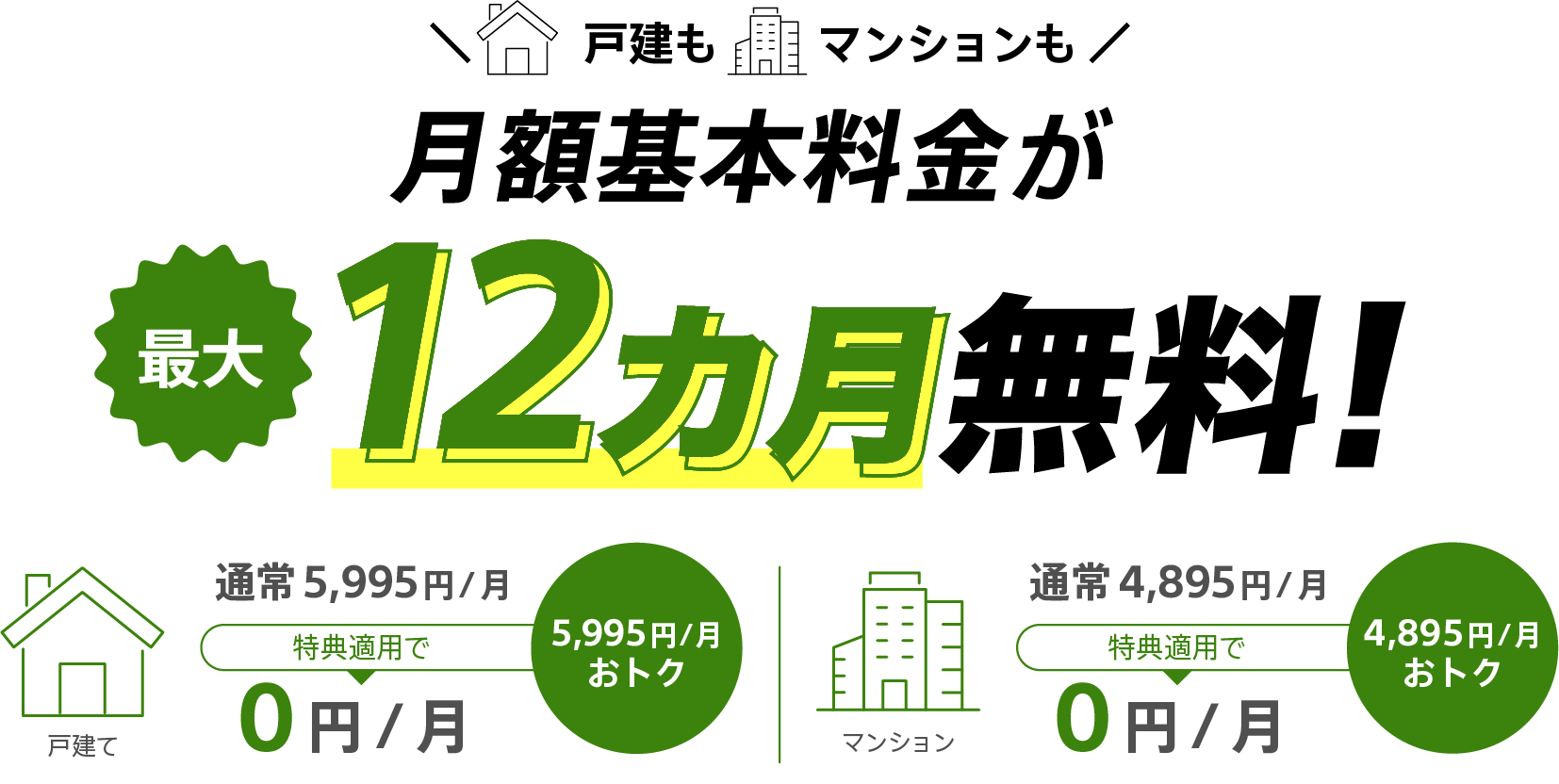 月額基本料金 割引特典 戸建もマンションも月額基本料金が最大12カ月無料！戸建通常5,995円/月が特典適用で0円/月（5,995円/月おトク）マンション通常4,895円/月が特典適用で0円/月（4,895円/月おトク）