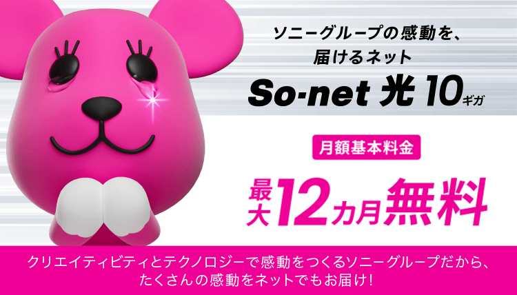 ソニーグループの感動を、届けるネットSo-net 光 10ギガ 月額基本料金最大12カ月無料 クリエイティビティとテクノロジーで感動をつくるソニーグループだから、だくさんの感動をネットでもお届け！