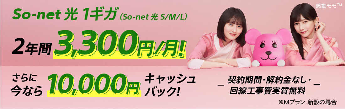 ソネット 光 1ギガ （ソネット 光 S/M/L）2年間3,300円 /月さらに今なら10,000円キャッシュバック 契約期間・解約金なし ・回線工事費実質無料 ※Mプラン 新設の場合