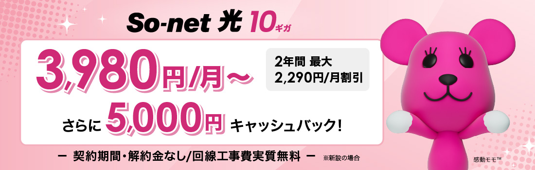 ソネット 光 10ギガ 3,980円/月～ 2年間 最大2,290円/月割引 さらに​今なら​5,000円キャッシュバック 契約期間・解約金なし/回線工事費実質無料 ※新設の​場合