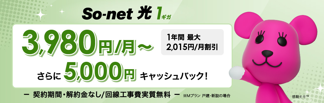 ソネット 光 1ギガ 3,980円/月～ 1年間 最大2,015円/月割引 さらに​5,000円キャッシュバック 契約期間・解約金なし/回線工事費実質無料 ※Mプラン  戸建・新設の​場合