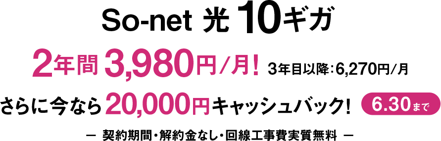 ソネット 光 10ギガ 2年間 3,980円/月 3年目以降6,270円/月 さらに今なら20,000円キャッシュバック 6/30まで 契約期間・解約金なし・回線工事費実質無料