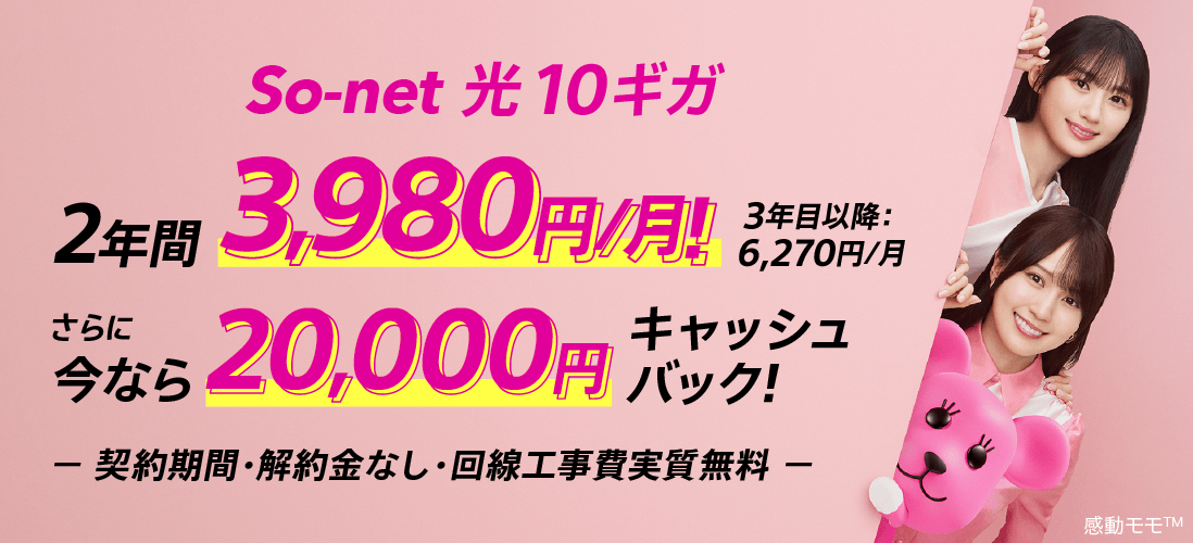 ソネット 光 10ギガ 2年間3,980円/月 3年目以降6,270円/月 さらに今なら20,000円キャッシュバック 契約期間・解約金なし・回線工事費実質無料