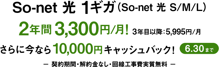 ソネット 光 1ギガ （ソネット 光 S/M/L）2年間3,300円/月 3年目以降5,995円/月 さらに今なら10,000円キャッシュバック6/30まで 契約期間・解約金なし・回線工事費実質無料