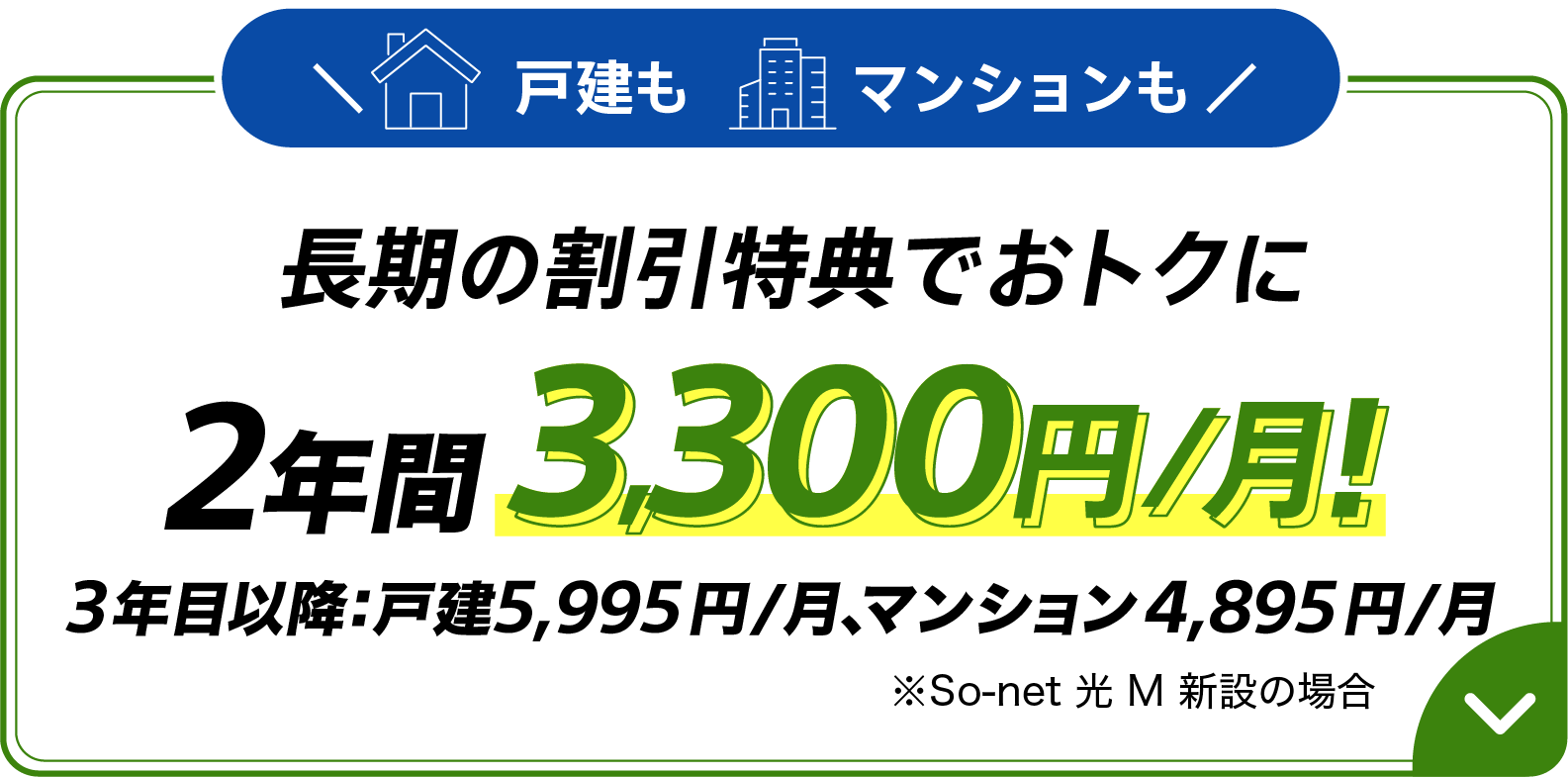 戸建もマンションも長期の割引特典おトクに 2年間 月額3,300円 3年目以降：戸建5,995円/月、マンション4,895円/月※ソネット 光 M 新設の場合