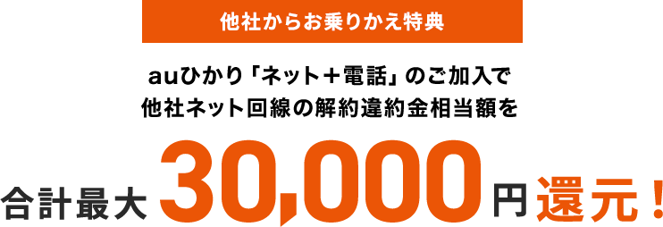 他社からお乗りかえ特典 auひかり「ネット＋電話」のご加入で他社ネット回線の解約違約金相当額を合計最大30,000円還元！