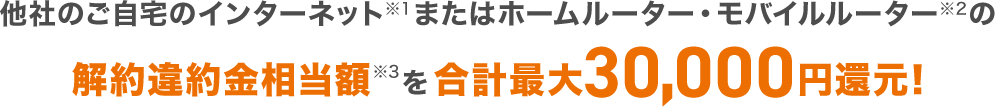 他社のご自宅のインターネット※1またはホームルーター・モバイルルーター※2の解約違約金相当額※3を合計最大30,000円還元！