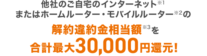 他社のご自宅のインターネット※1またはホームルーター・モバイルルーター※2の解約違約金相当額※3を合計最大30,000円還元！