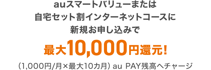 auスマートバリューまたは自宅セット割インターネットコースに新規お申し込みで最大10,000円還元！（1,000円/月×最大10カ月）au PAY残高へチャージ