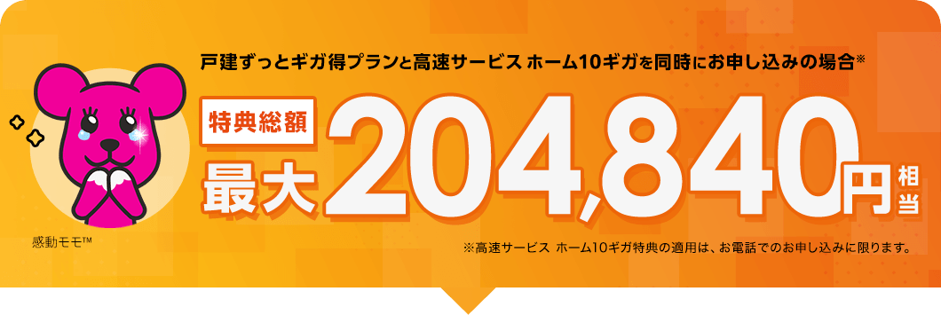 戸建ずっとギガ得プランと高速サービス ホーム10ギガを同時にお申し込みの場合※ 特典総額最大204,840円相当 ※高速サービス ホーム10ギガ特典の適用は、お電話でのお申し込みに限ります。
