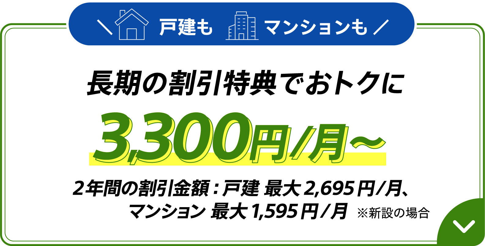 戸建も​マンションも​長期の​割引特典で​おトクに​ 3,300円/月～ 2年間の​割引金額：戸建 最大2,695円/月、​マンション 最大1,595円/月 ※新設の​場合