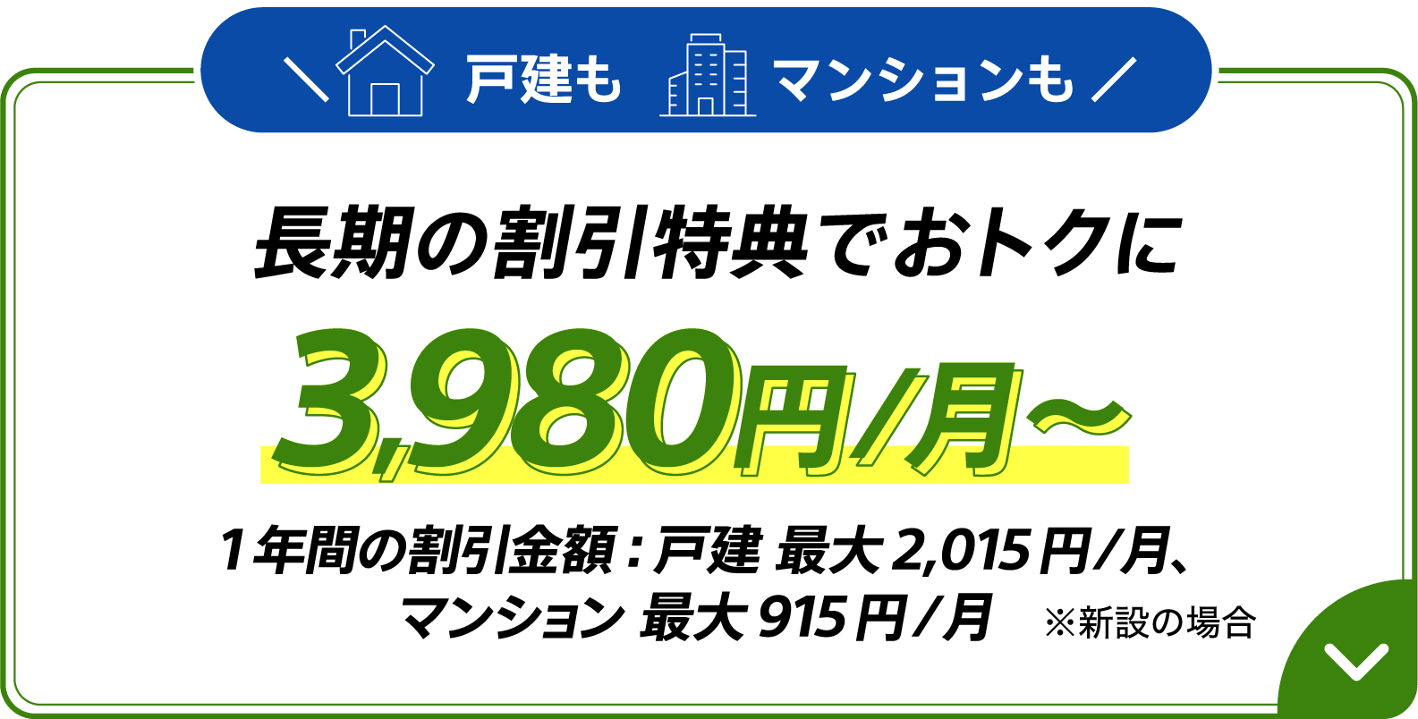 戸建もマンションも長期の割引特典でおトクに 3,980円/月～ 1年間の割引金額：戸建 最大2,015円/月、マンション 最大915円/月 ※新設の場合