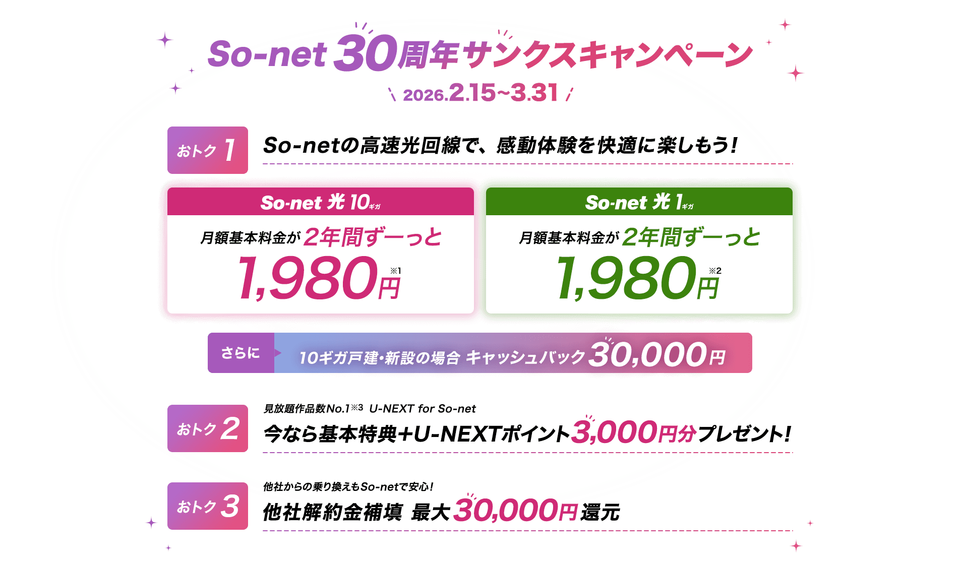 ソニーグループの感動を、届けるネット ソネット ソネット 30周年 サンクスキャンペーン 2026.2.15～3.31 おトク1 So-netの高速光回線で、感動体験を快適に楽しもう おトク2 見放題作品数No.1 ユーネクスト フォー ソネット 今なら基本特典＋ユーネクストポイント3000円分プレゼント おトク3 他社からの乗り換えもソネットで安心 解約金補填 最大30,000円