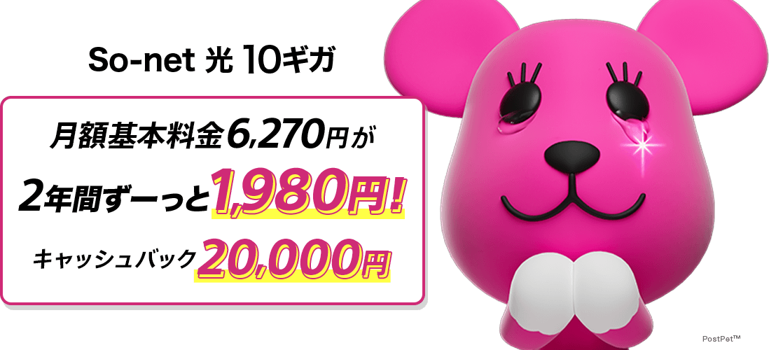 ソネット 光 10ギガ 月額基本料金6,270円が2年間ずーっと1,980円 さらにキャッシュバック20,000円※特典は戸建・新設の場合です。開通月の月額基本料金はご利用開始日からの日割り料金が割引され最大で1,980円となります。