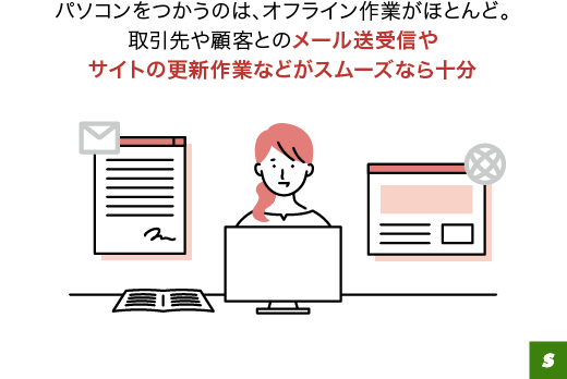パソコンをつかうのは、オフライン作業がほとんど。取引先や顧客とのメール送受信やサイトの更新作業などがスムーズなら十分