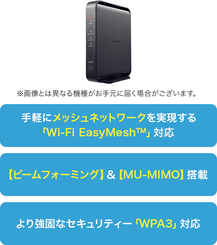 手軽にメッシュネットワークを実現する「Wi-Fi EasyMesh™」対応 【ビームフォーミング】&【MU-MIMO】搭載 より強固なセキュリティー「WPA3」対応 ※画像とは異なる機種がお手元に届く場合がございます。