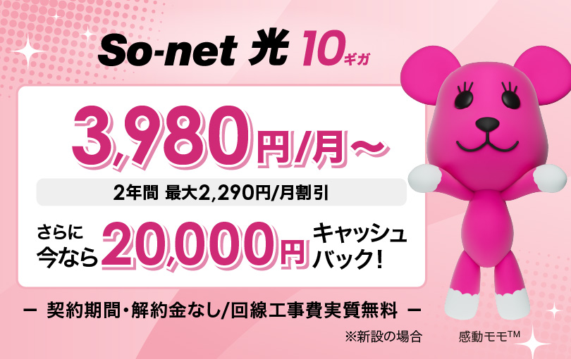 ソネット 光 10ギガ 3,980円/月～ 2年間 最大2,290円/月割引 さらに今なら20,000円キャッシュバック 契約期間・解約金なし/回線工事費実質無料 ※新設の場合