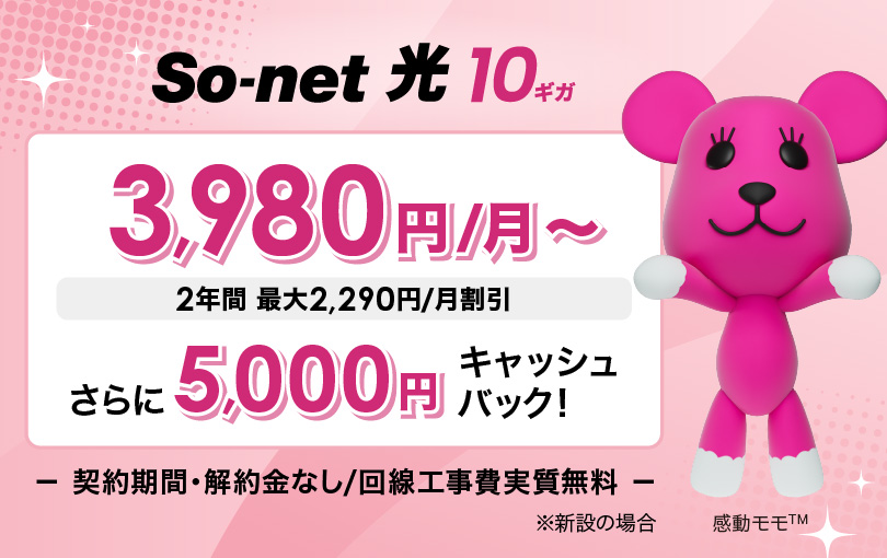 ソネット 光 10ギガ 3,980円/月～ 2年間 最大2,290円/月割引 さらに5,000円キャッシュバック 契約期間・解約金なし/回線工事費実質無料 ※新設の場合