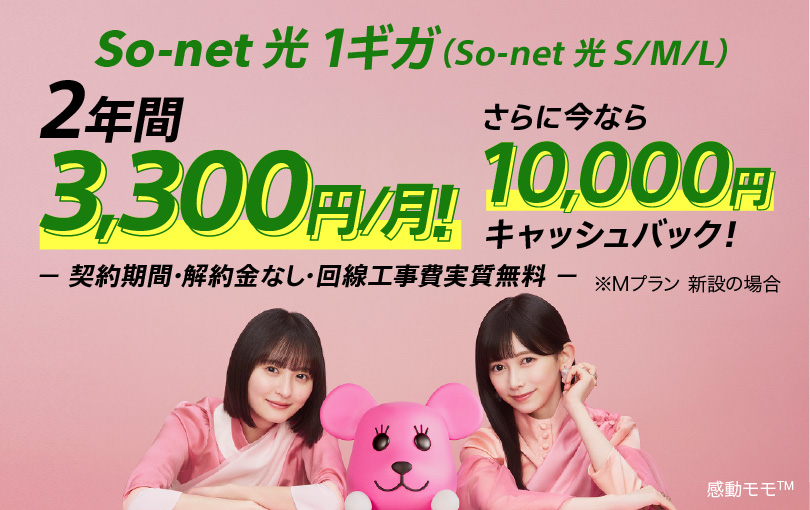 ソネット 光 1ギガ（ソネット 光S/M/L）2年間3,300円/月 さらに今なら10,000円キャッシュバック 契約期間・解約金なし・回線工事費実質無料 ※Mプラン 新設の場合
