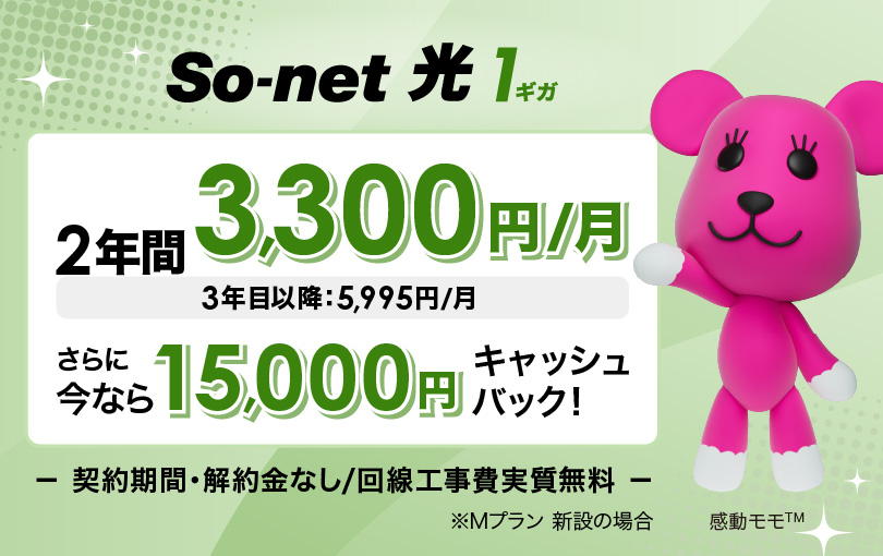 ソネット 光 1ギガ 2年間3,300円/月（3年目以降5,995円/月）さらに今なら15,000円キャッシュバック 契約期間・解約金なし/回線工事費実質無料 ※Mプラン 新設の場合