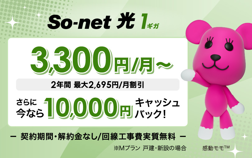 ソネット 光 1ギガ 3,300円/月～ 2年間 最大2,695円/月割引 さらに今なら10,000円キャッシュバック 契約期間・解約金なし/回線工事費実質無料 ※Mプラン 戸建・新設の場合