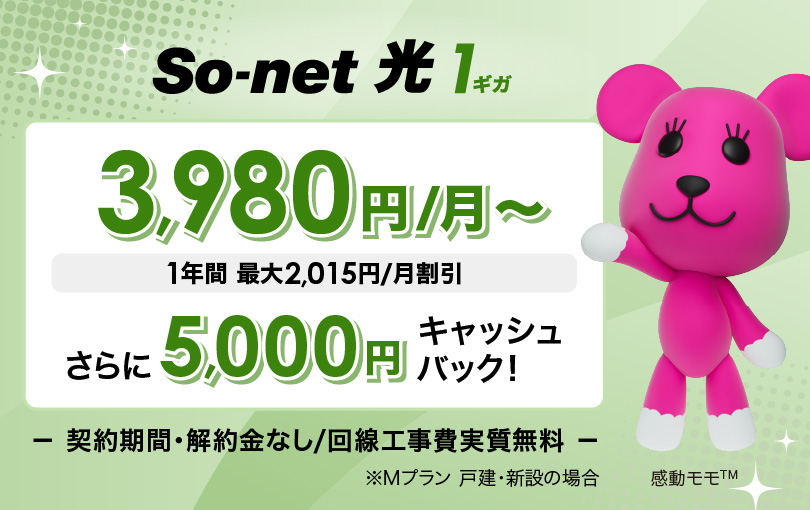 ソネット 光 1ギガ 3,980円/月～ 1年間 最大2,015円/月割引 さらに5,000円キャッシュバック 契約期間・解約金なし/回線工事費実質無料 ※Mプラン  戸建・新設の場合
