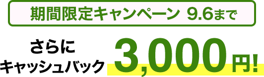期間限定キャンペーン9/6まで​ さらに​キャッシュバック3,000円