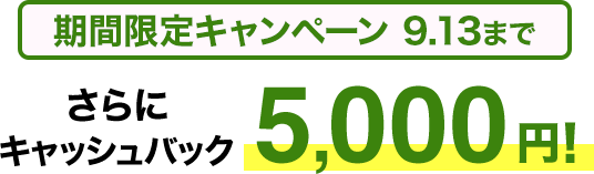 期間限定キャンペーン9/13まで​ さらに​キャッシュバック5,000円