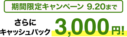 期間限定キャンペーン9/20まで​ さらに​キャッシュバック3,000円