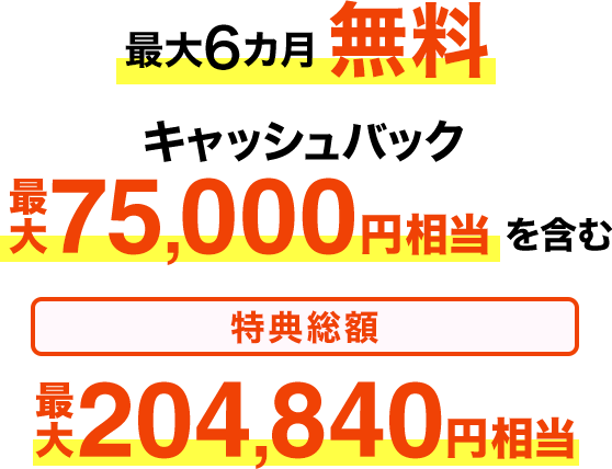 最大6カ月無料 キャッシュバック最大75,000円相当を含む 特典総額最大204,840円相当