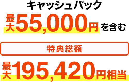 キャッシュバック最大55,000円を含む 特典総額最大195,420円相当