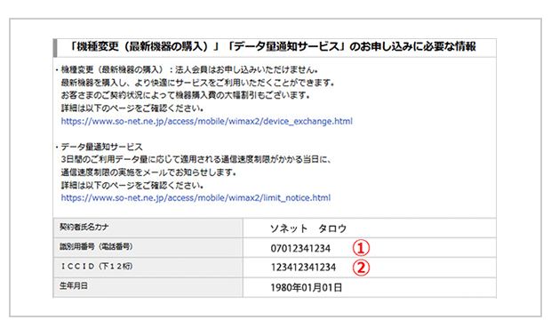 「ご利用状況の詳細」ページ ①識別用番号（電話番号）②ICCID