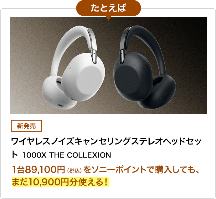 たとえば 新発売 ワイヤレスノイズキャンセリングステレオヘッドセット 1000X THE COLLEXION 1台89,100円(税込)をソニーポイントで購入しても、まだ10,900円分使える！