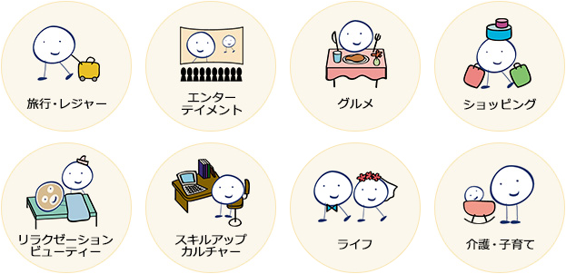 旅行・レジャー エンターテイメント グルメ ショッピング リラクゼーションビューティー スキルアップカルチャー ライフ 介護・子育て