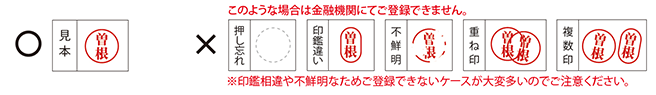 見本の例／不備の例：押し忘れ、印鑑違い、不鮮明、重ね印、複数印
